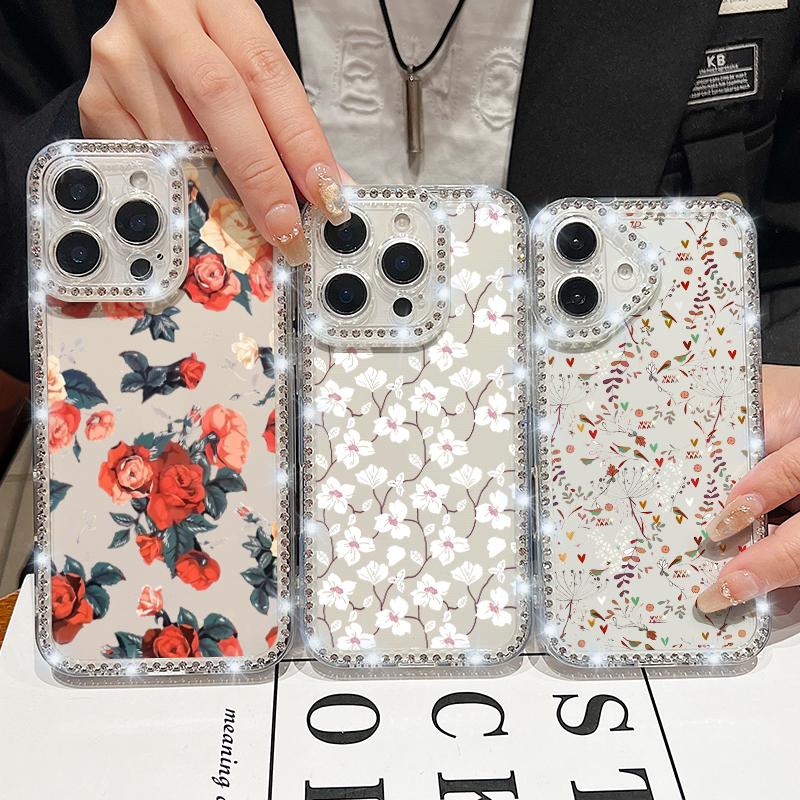 Diamond Frame Clear Anti-Fall Phone Case For iPhone 16E 16 Pro 15 Pro Max 14 13 12 11 Floral Print Soft Silicone Shockproof Bumper Cover