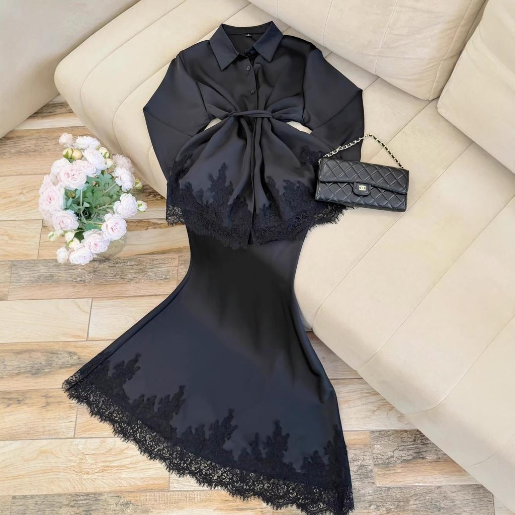 Women's 2026 Spring New Dress Set: Elegant Lace Patchwork Tie-Up Long-Sleeve Shirt and Skirt Two-Piece Set