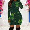 Women Plus Size Round Neck Long Sleeve Clover Printed Dark Green Bodycon Mini Dress