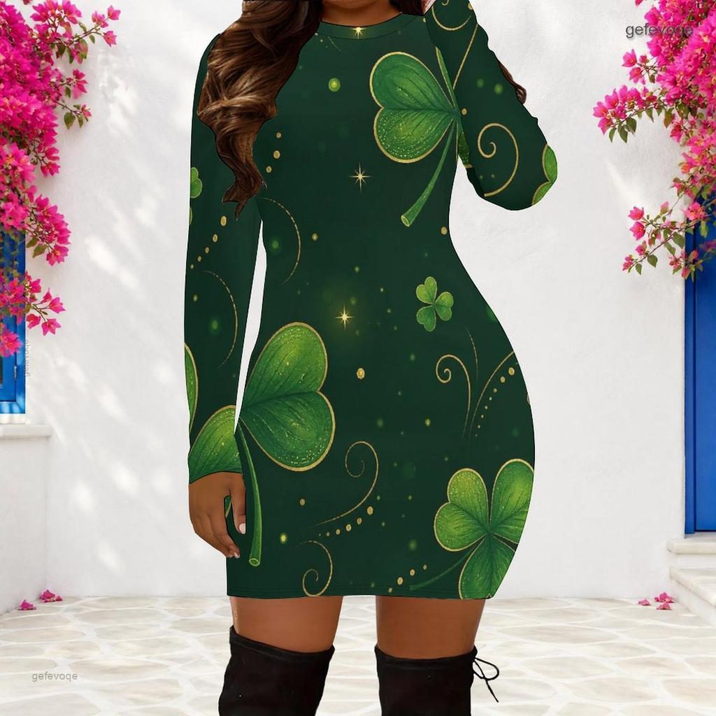Women Plus Size Round Neck Long Sleeve Clover Printed Dark Green Bodycon Mini Dress