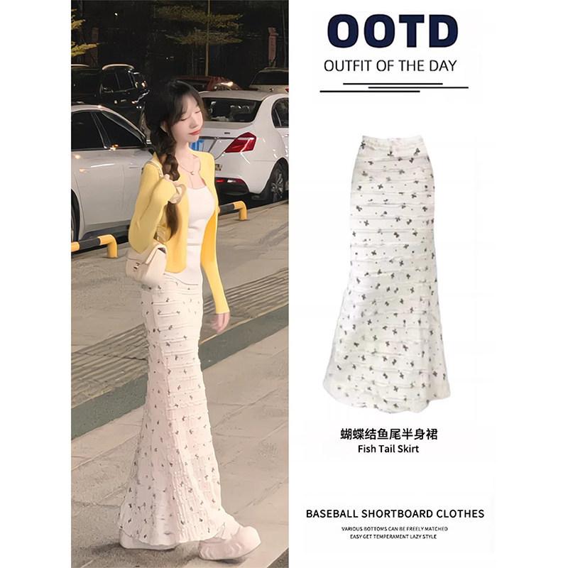 

White floral fishtail skirt women s bow a word hip pear-shaped Berkeley long skirt spring and summer wear S