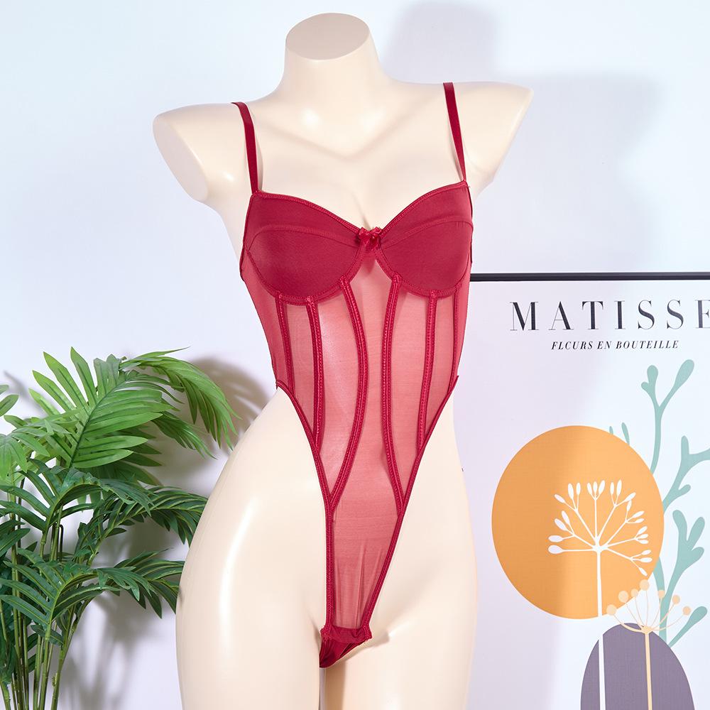 

Sexy High Waist, Small Chest, Big Body, See Through Steel Ring Jumpsuit, Vest, Suspender XL вина червоного кольору