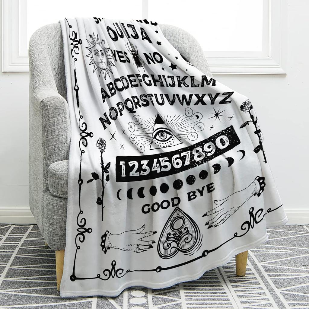 Ouija Board Decke Gothic Hexe Geschenk für Halloween Sonne Mond Skelett Schädel Horror Gruselig für Deko Tagesdecken Schwarz 50"x60"