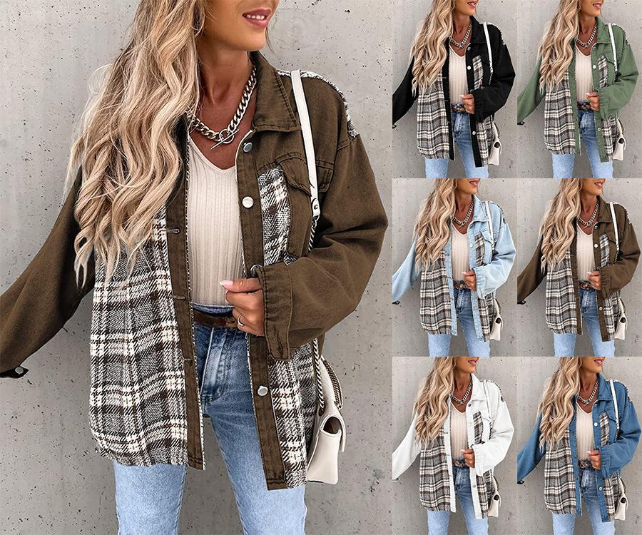 Denim Jacket Checkered Button Up Shirt Jacket Women's Patchwork Jacket Warm Comfortable Commuter Long Sleeved Shirt Autumn Winter