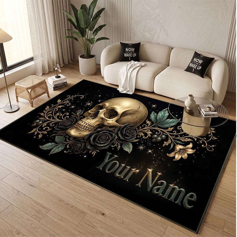 Totenkopf Gothic Thema Weicher Kristall-Samt Teppich Benutzerdefinierter Name & Text Druck Rutschfester Boden Teppich für Schlafzimmer Wohnzimmer