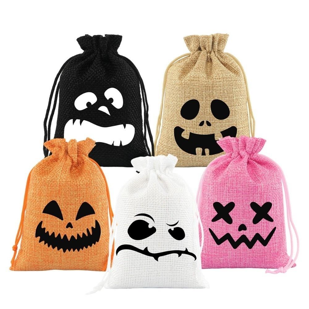 5Pcs Reusable Halloween Candy Bags Linen Halloween Gift Bags Spooky Face Pouches Trick or Treat