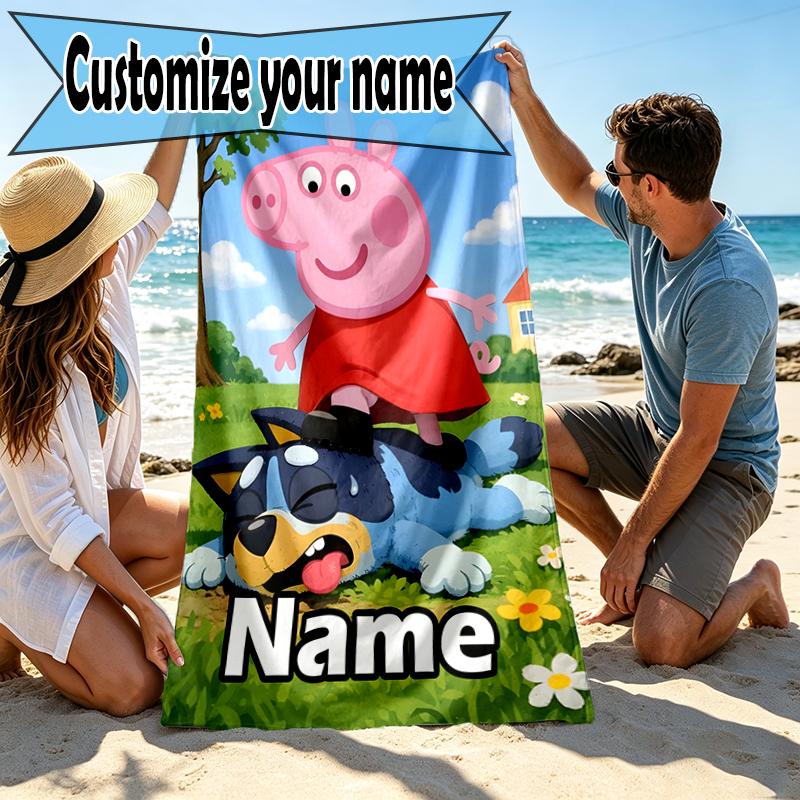 Custom Name Personalized Pink Pig Print Beach Towel, for Trip Camping Beach Party Home Decor, Birthday Gift for Family & Friends