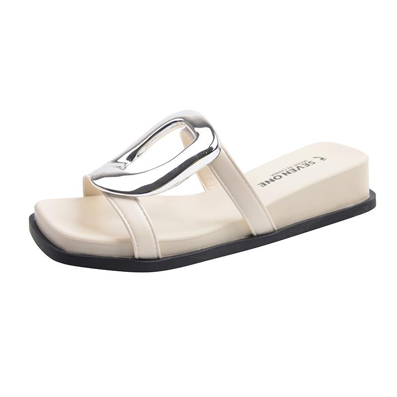 

Thick-soled wedge slippers for women s summer wear 2025 new small height increase one-word drag with skirt metal buckle sandals 35