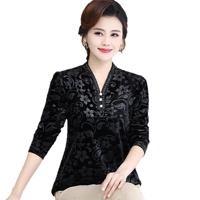 New Arrival: Plus Size Black Printed Long Sleeve T-shirt for Middle-Aged & Elderly Women, Loose Fit, Slimming, Versatile for Spring/Autumn.