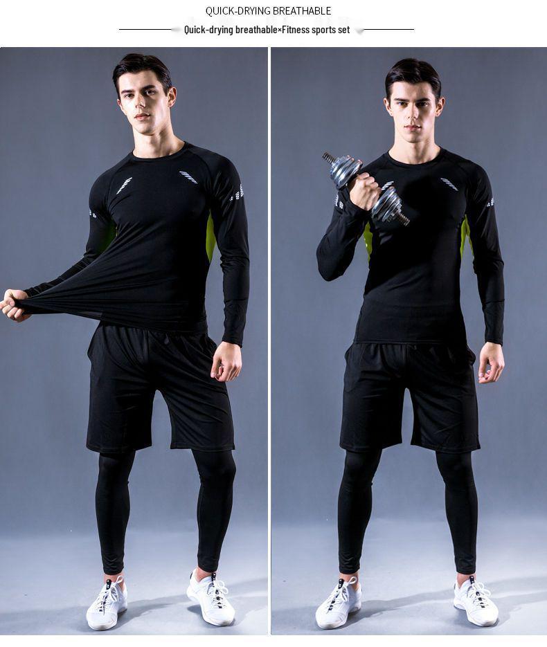 Pánské rychleschnoucí sportovní oblečení z ledového hedvábí s těsným střihem: Set s krátkým rukávem a pětibodovými kalhotami na letní fitness a běh