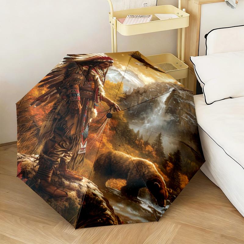 1PC Wolf Native Spirit Automatic Umbrella - Suitable Travel Outdoor Portable Umbrella Birthday Gift Daily Essentials