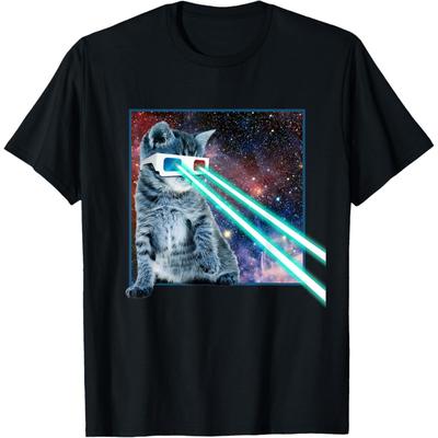 Figured Funny Laser Eyes Space Cat T-Shirt Graphic Tee for Men Women