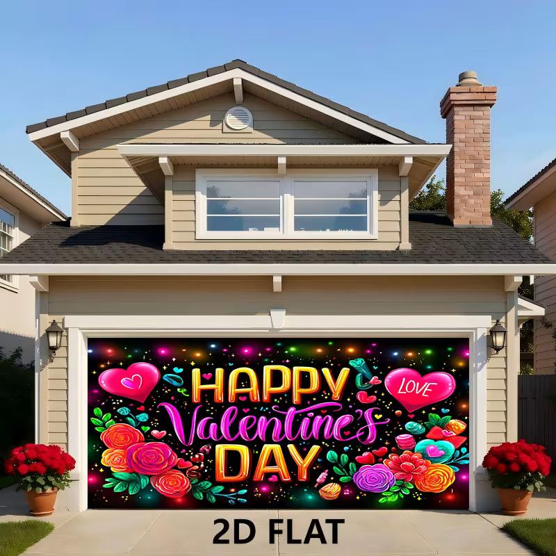 2D Valentines Day Party Tapestry, "Happy Valentine's Day" Print with Hearts, Flowers and Sparkles Photo Banner