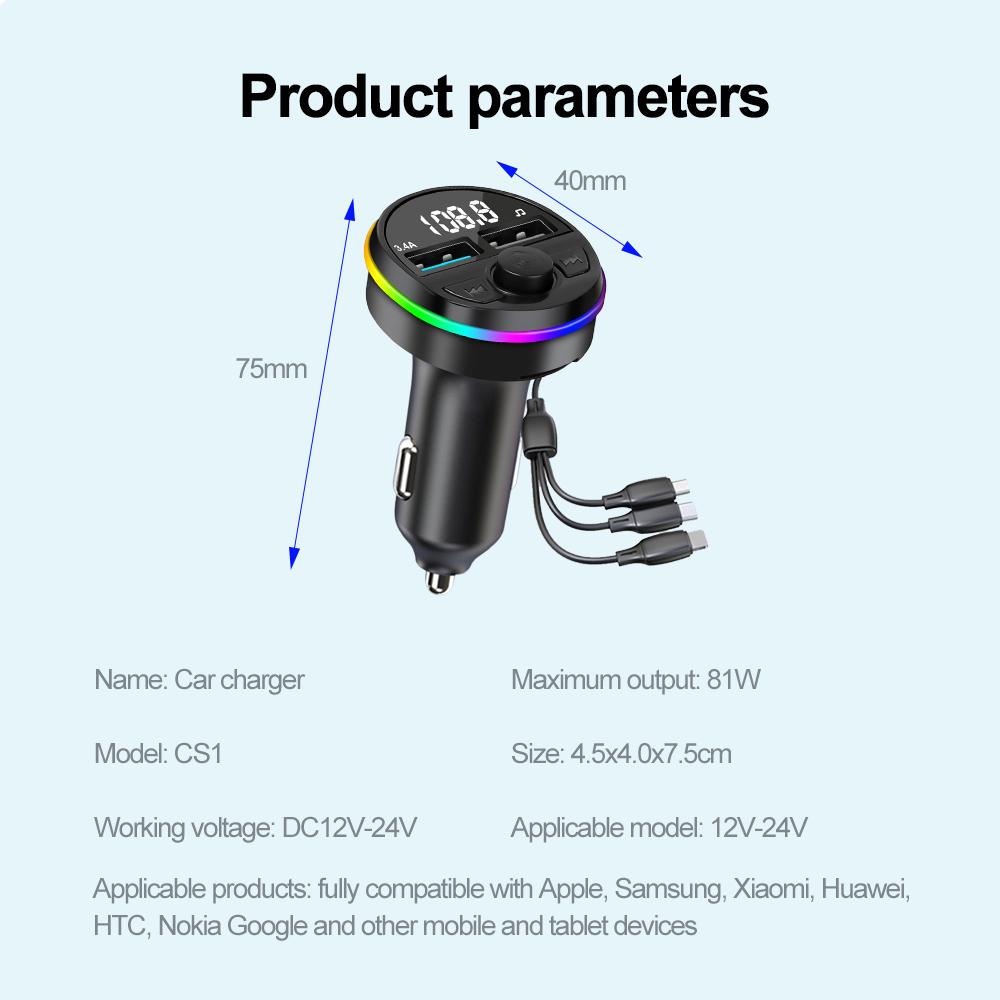 Autós gyorstöltő 3 az 1-ben kábellel Bluetooth 5.0 FM adóval autóskészlettel MP3 modulátor lejátszó kihangosító audio vevő iPhone-hoz Huawei Xiaomi-hoz