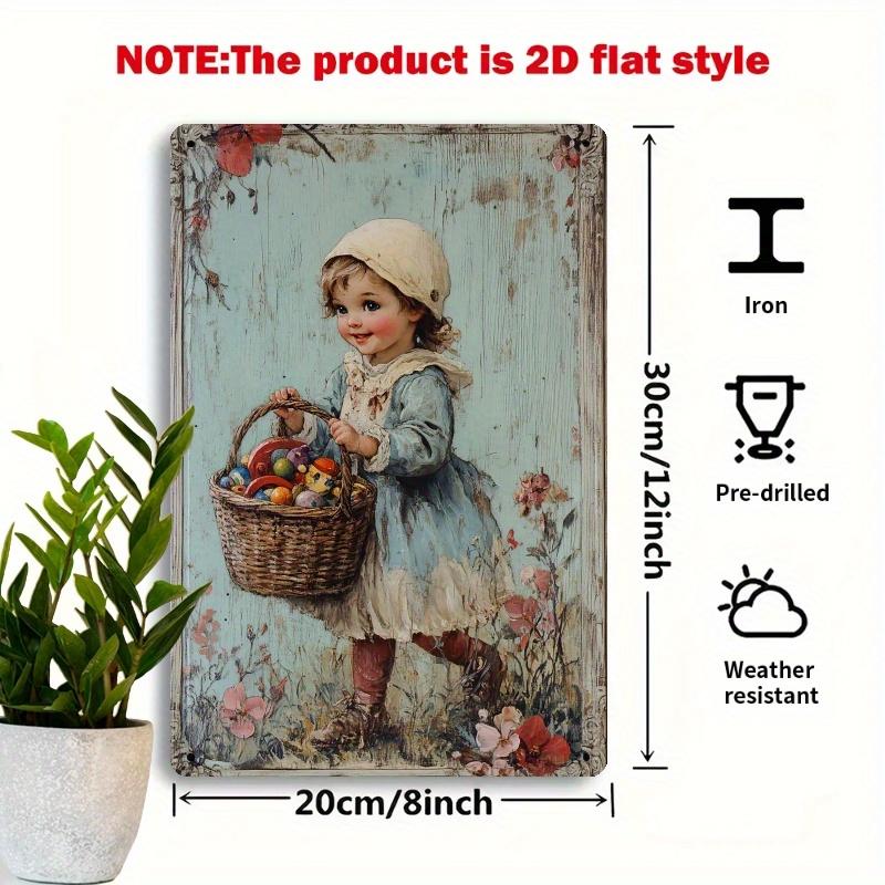 2D Flat, 1pc Vintage Metal Wall Sign - Little Girl with Toys Rustic Farmhouse Decor, 8x12 Inch Iron Country Charm Art