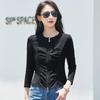 Women's Autumn Long-sleeved T-shirt, Round Neck Zipper Cardigan, Fashionable and Versatile Pleated High-end and Elegant Top