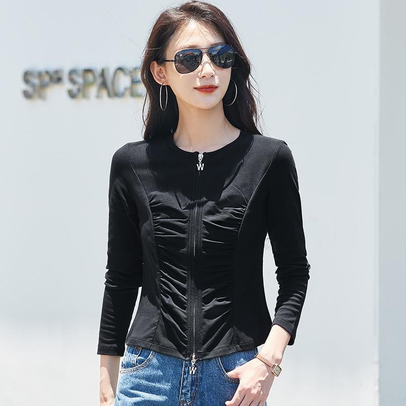 Women's Autumn Long-sleeved T-shirt, Round Neck Zipper Cardigan, Fashionable and Versatile Pleated High-end and Elegant Top