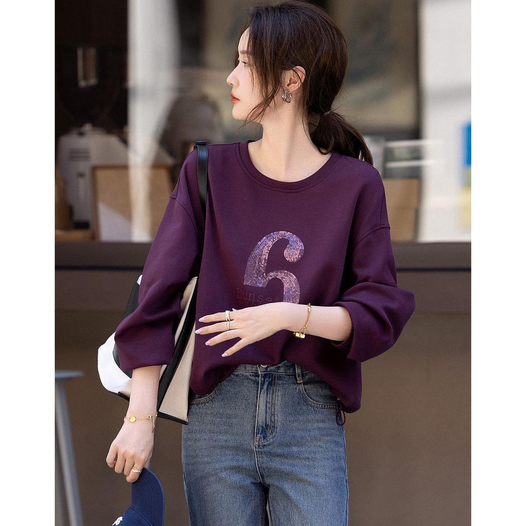 Fashion Crew Neck Sweater Women's Autumn New Letter Sequins Loose and Thin Casual Pullover Jacket