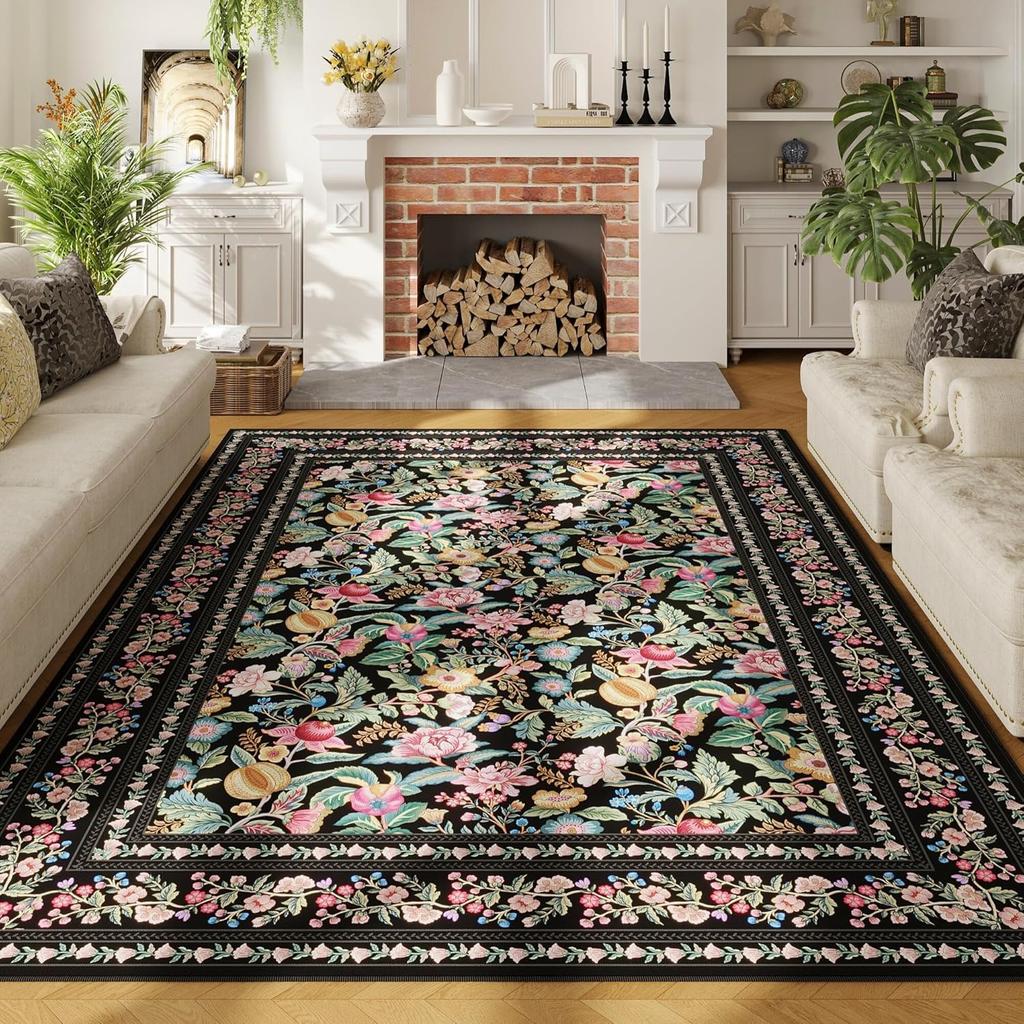 Rugs for Living Room Washable Vintage Floral Non Slip Low Pile Large Carpet for Bedroom Dining Room Nursery Play Beige Floor Mat