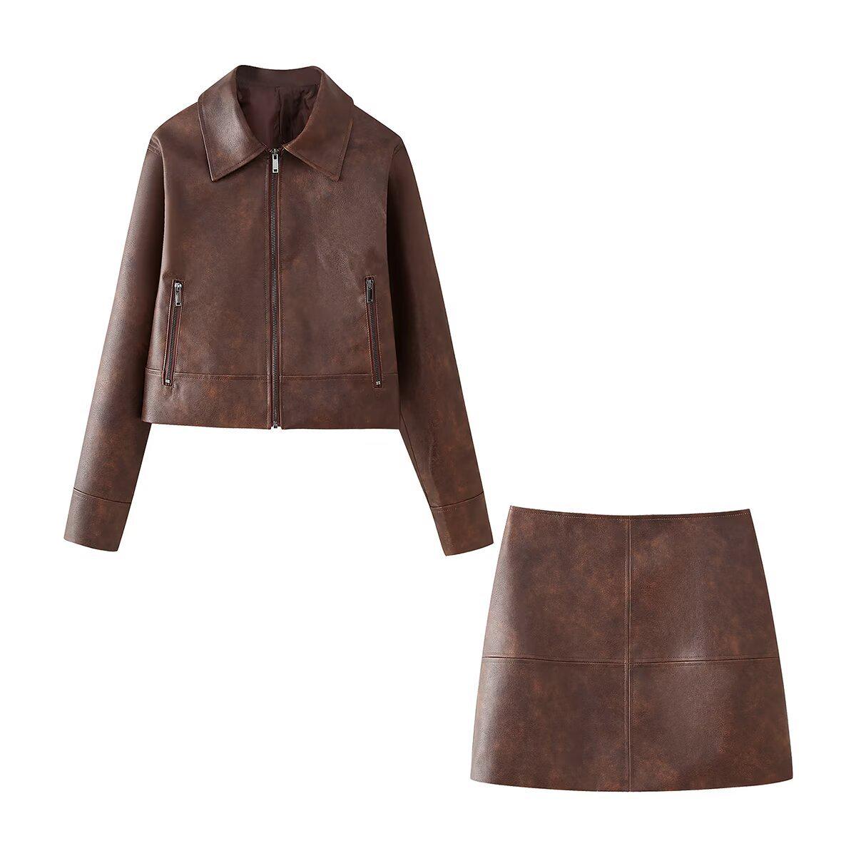 

Women s 2024 Autumn/Winter Leather Jacket & Mini Skirt Set with Turn-Down Collar Small