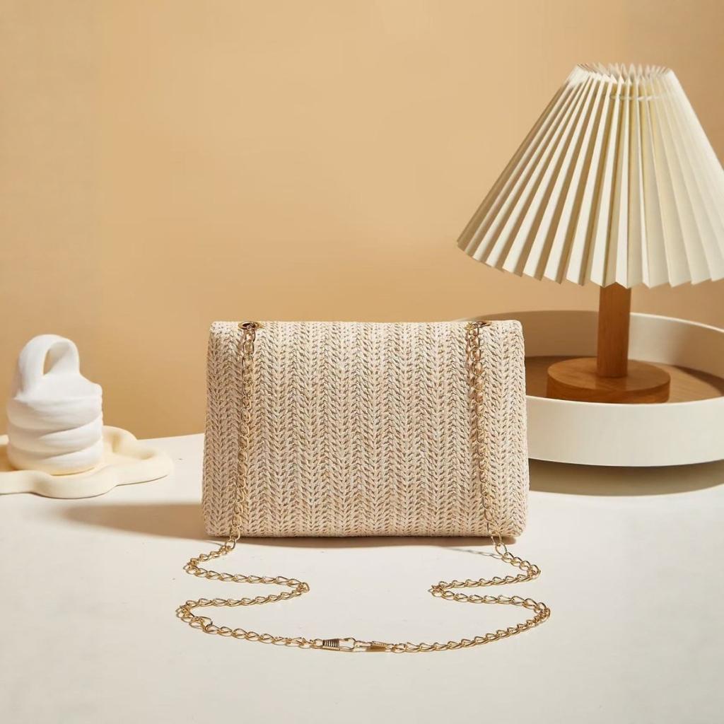 Sweet Style, Straw Weaving, Chains, Single-shoulder Bags, Crossbody Bags, Summer, Double-lock, Ladies, Handbag Bags