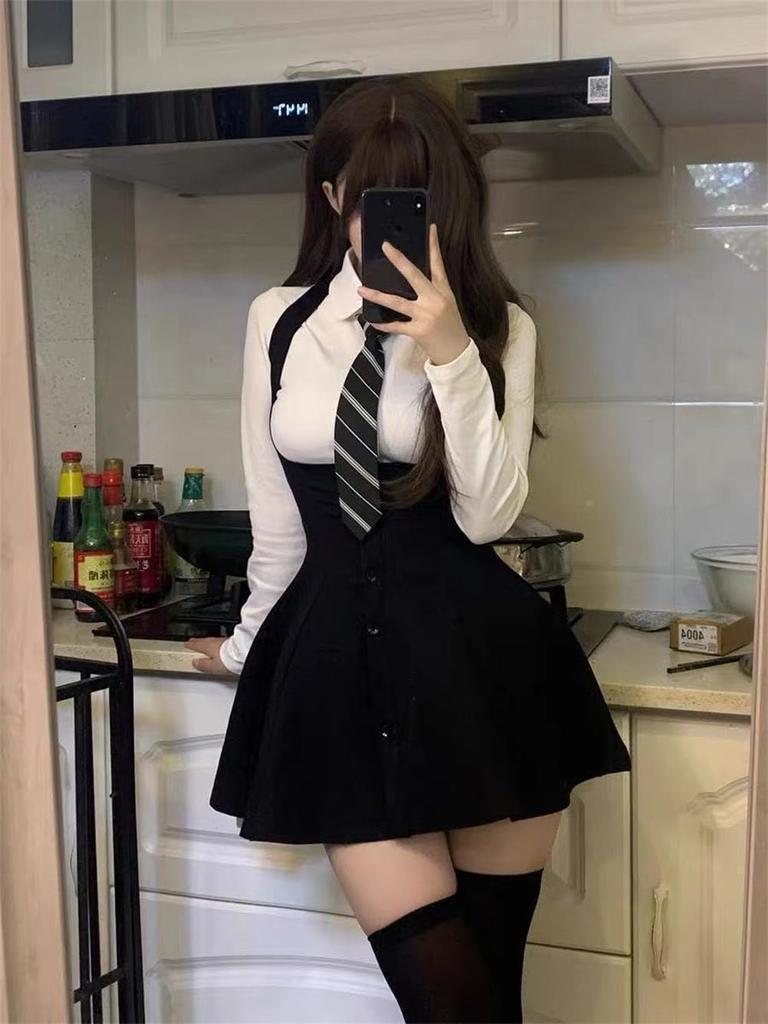 Dress Set for Top and Landmine Long or Short White Ribbon and Suspender School Harajuku Fall Photo [SDSXZWG] Mass-Produced Women, Bottoms, Tie, Style,