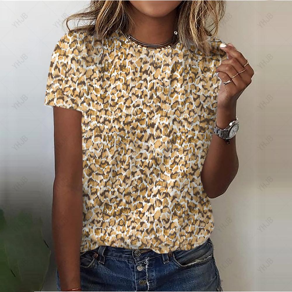 Sexy T-shirt for Women, Fashionable Leopard Print Casual Shorts, Girls Sleeve T-shirt, Beautiful Street T-shirts, Round Neck T-shirt for Women