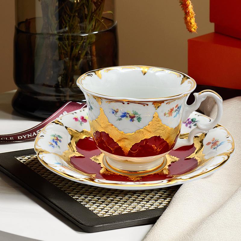 Karosa European Relief Gold Coffee Cup Set - Luxury Gold-Trimmed High-Temperature Bone China Cups & Saucers in Gift Box