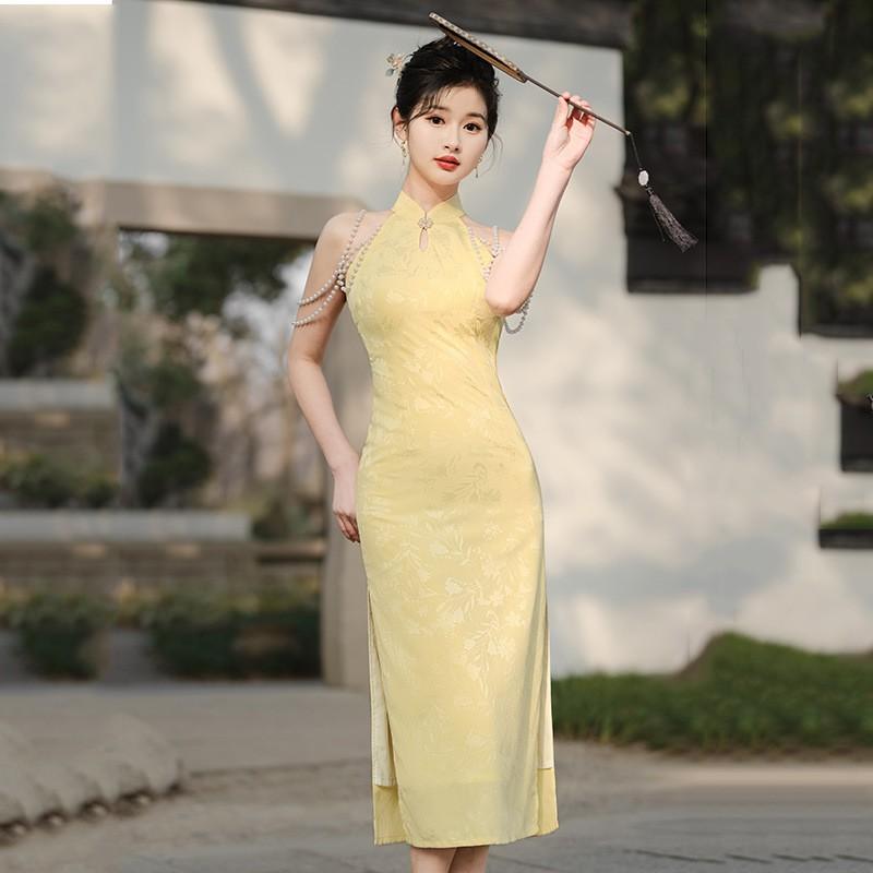 Yellow Necktie Sleeveless Qipao Dress Vintage Chic Womens Long Formal Gown Party Birthday Small
