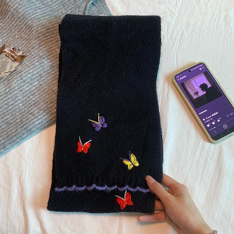 Japanese Style 3D Butterfly Embroidered Scarf - Autumn Winter Women's Knit Warm Neckwear