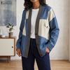 Women Casual V-Neck Loose Long Sleeve Patchwork Cardigan Blouse