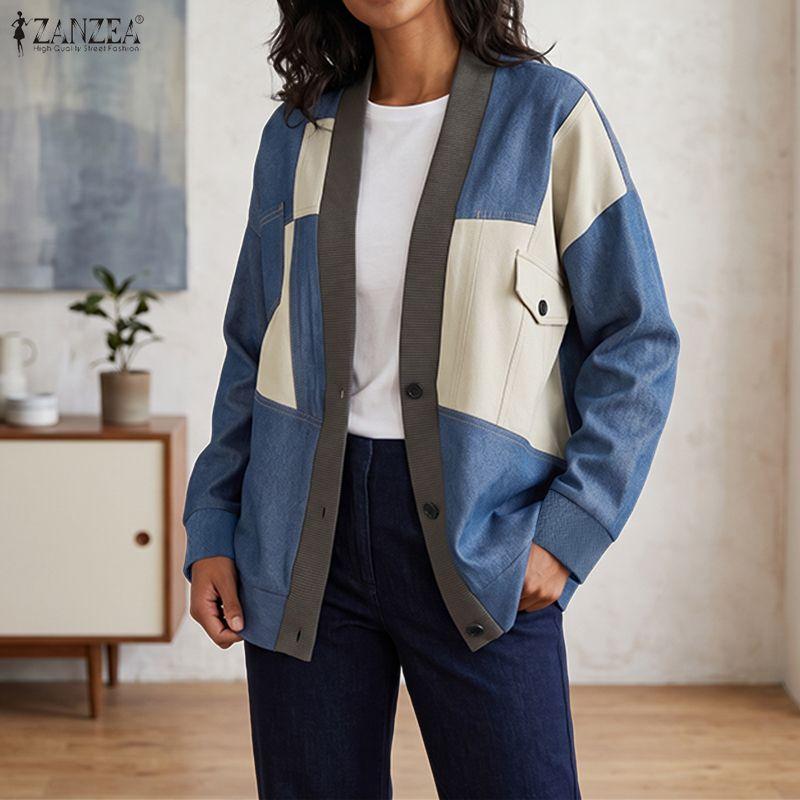 ZANZEA Women Casual V-Neck Loose Long Sleeve Patchwork Cardigan Blouse