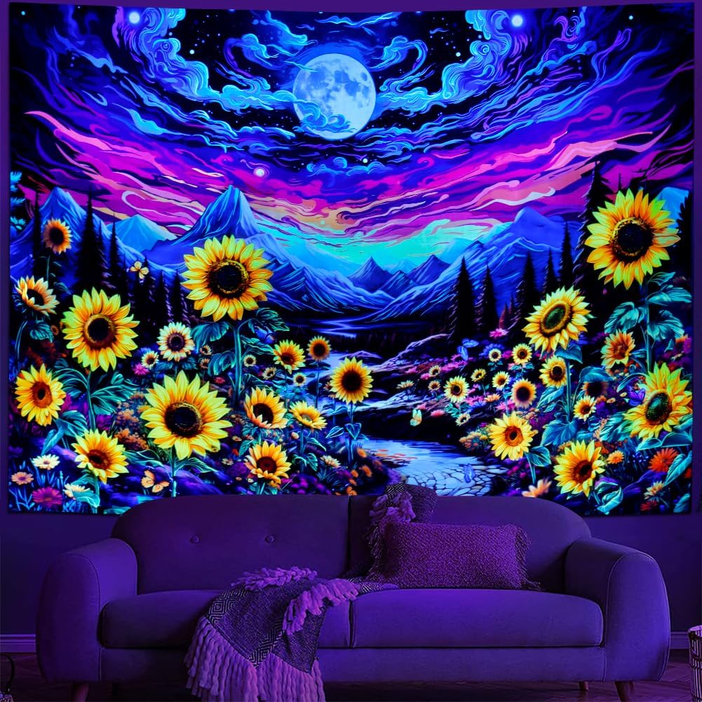 Dermijer Blacklight Moon Sunflower Tapestry Starry Night Mountian UV Reactive Wall Hanging Tapestries Galaxy Space Nature Landscape Tapestry for Home