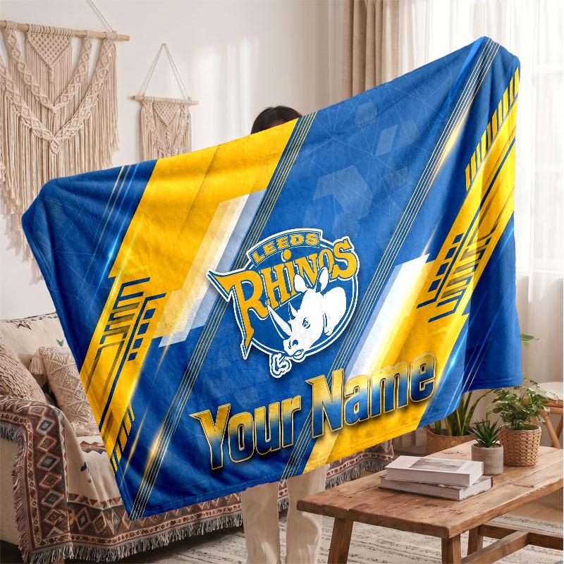 Leeds Rhinos Flannel Blanket, Custom Name Text Personalized Soft Throw Blanket Home Decor Gift