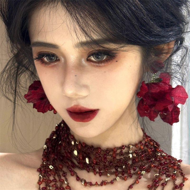 

Серьги-кисти Пылающая роза преувеличенного винно-красного цвета, ретро, классные, на Хэллоуин, серьги с искусственными цветами Wine Red Rose earrings