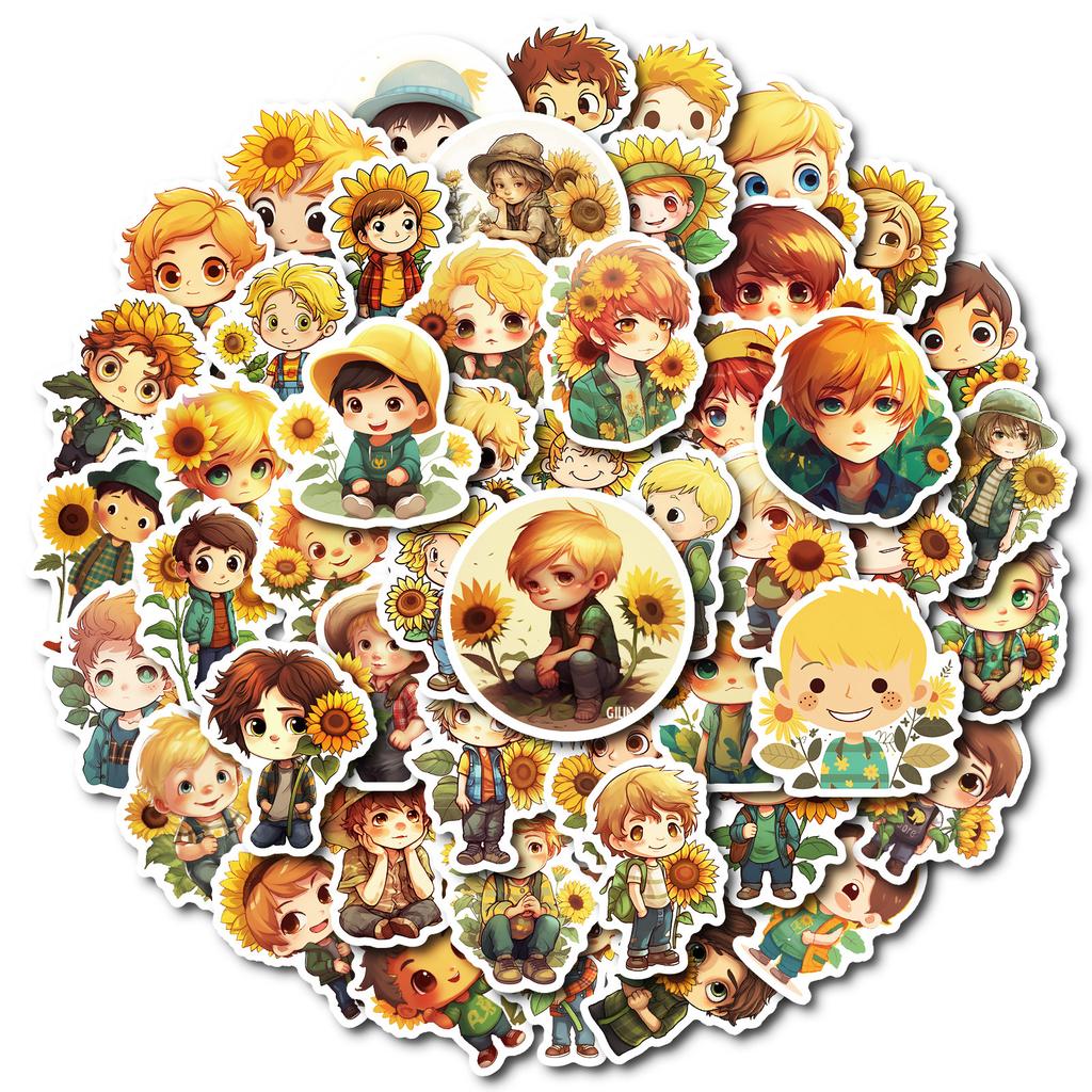 50 Sunshine Sunflower Boy Theme Waterproof Decorative Stickers Diy Mobile Phone Case Skateboard Guitar Water