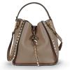 Women's Retro Rivet Cowhide Bucket Bag with Leopard Head Design