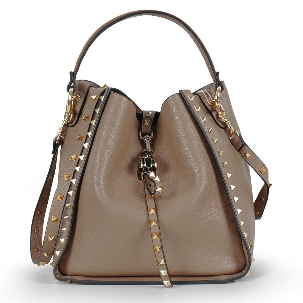 Women's Retro Rivet Cowhide Bucket Bag with Leopard Head Design