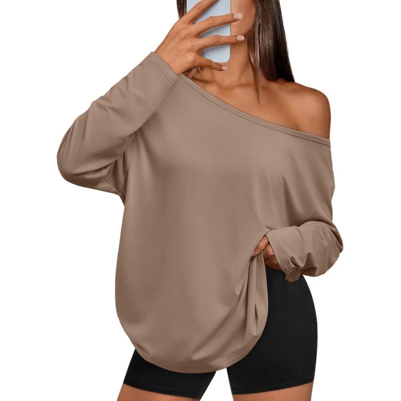 Women S Color Block Off Shoulder Hooded Long Sleeve Casual Sports T Shirt