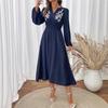 Women's Fashion Spring Fall Flower Pattern Print Long Sleeve V-Neck High Waist Casual Dresses
