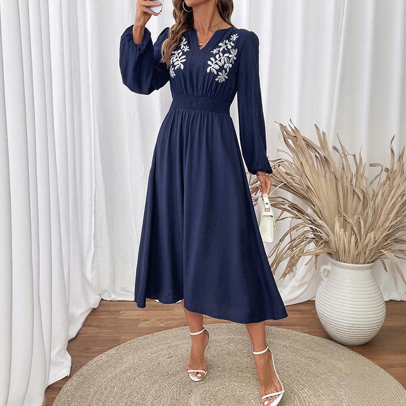 Women's Fashion Spring Fall Flower Pattern Print Long Sleeve V-Neck High Waist Casual Dresses