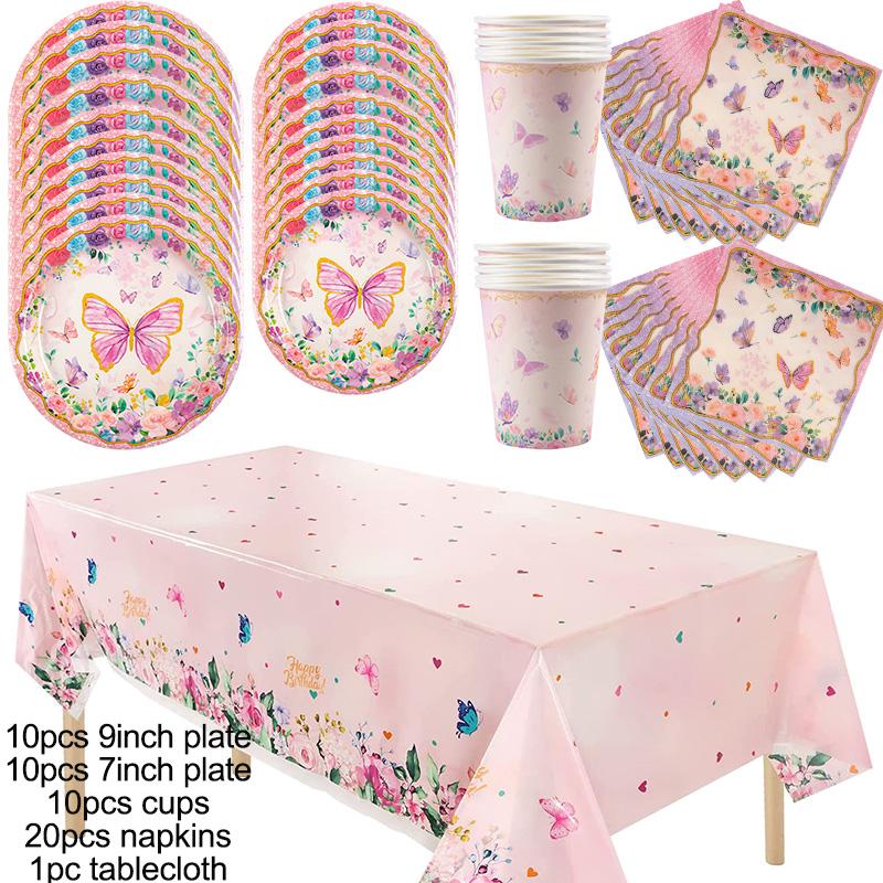 Pink Butterfly Disposable Tableware Happy Girl's Birthday Party Decorations Kids Butterfly Theme Party Decoration Baby Shower