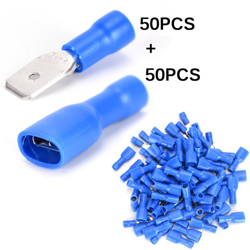 100X Conectores de Terminal de Fio Elétrico Isolados tipo Pala Macho e Fêmea para Crimpar Azul