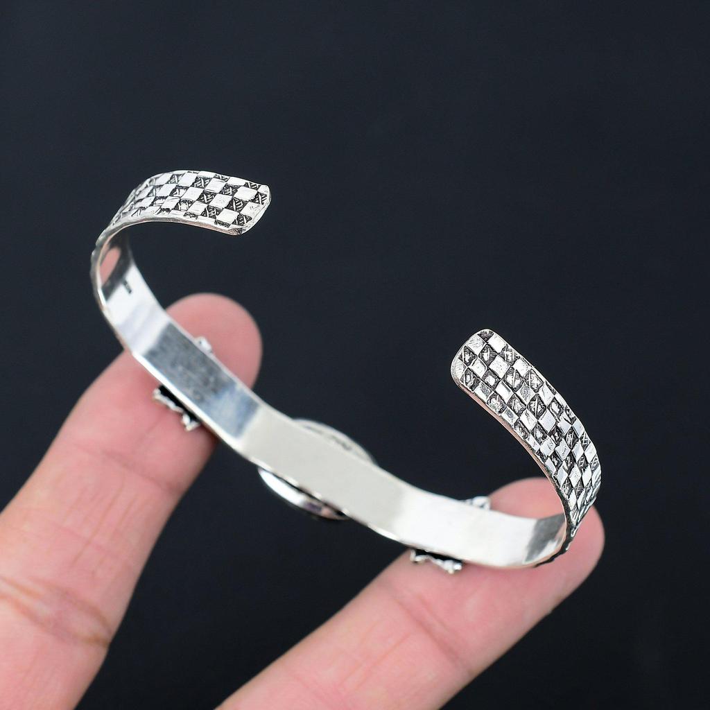 Halloween Sale Oval Kyanite Stone Boho Leaf Throat Chakra Bangle Sterling Silver