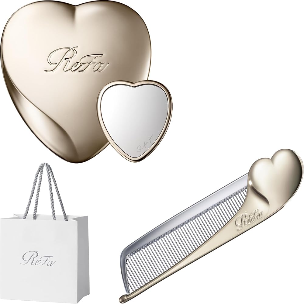 ReFa Heart Mirror + ReFa Heart Comb Aira Set Champagne Gold + Compact + Portable Beauty Tools
