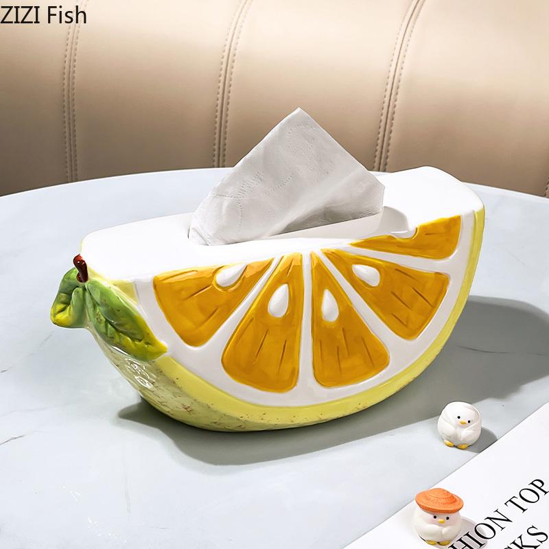 Creative Cute Lemon Shape Ceramic Tissue Box Coffee Table Desk Decoration Lemon Tissue Box Bedside Table Paper Towel Case