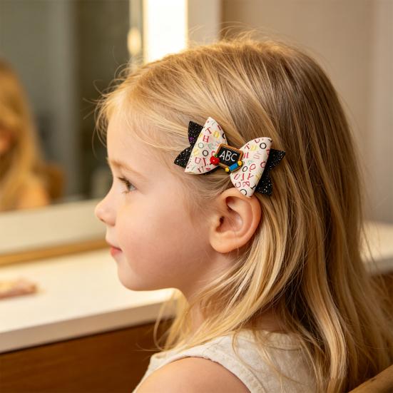 Glitter Bow Hair Clips for Girls Back to School Girls, Double Layer Artificial Leather Lightweight Bows Pin, Accessories with Secure Grip Design