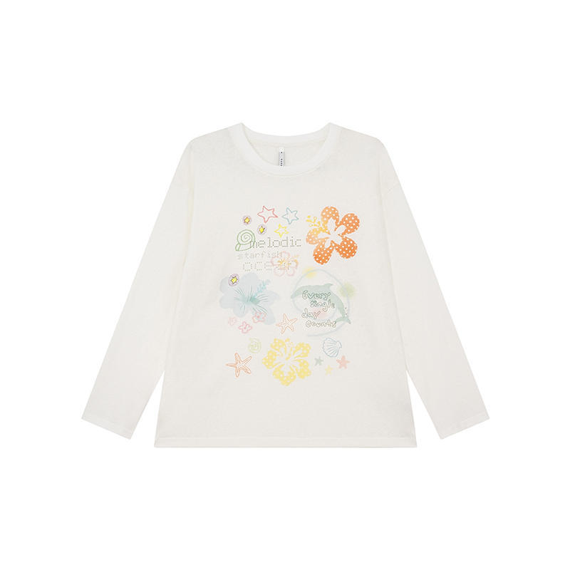 Women's V Neck Long Sleeve Drop Shoulder Oversized Floral Star Print Thin Washed Cotton Vacation Casual Tee Basic Top