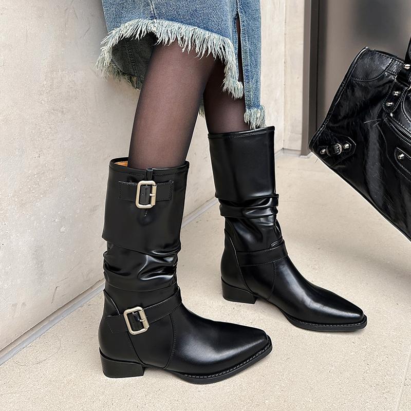 Fashion 2024 Autumn/winter Women Boots Square Toe Chunky Heels Boots for Women Fold Chelsea Belt Buckle Boots Mid-calf Women Shoes
