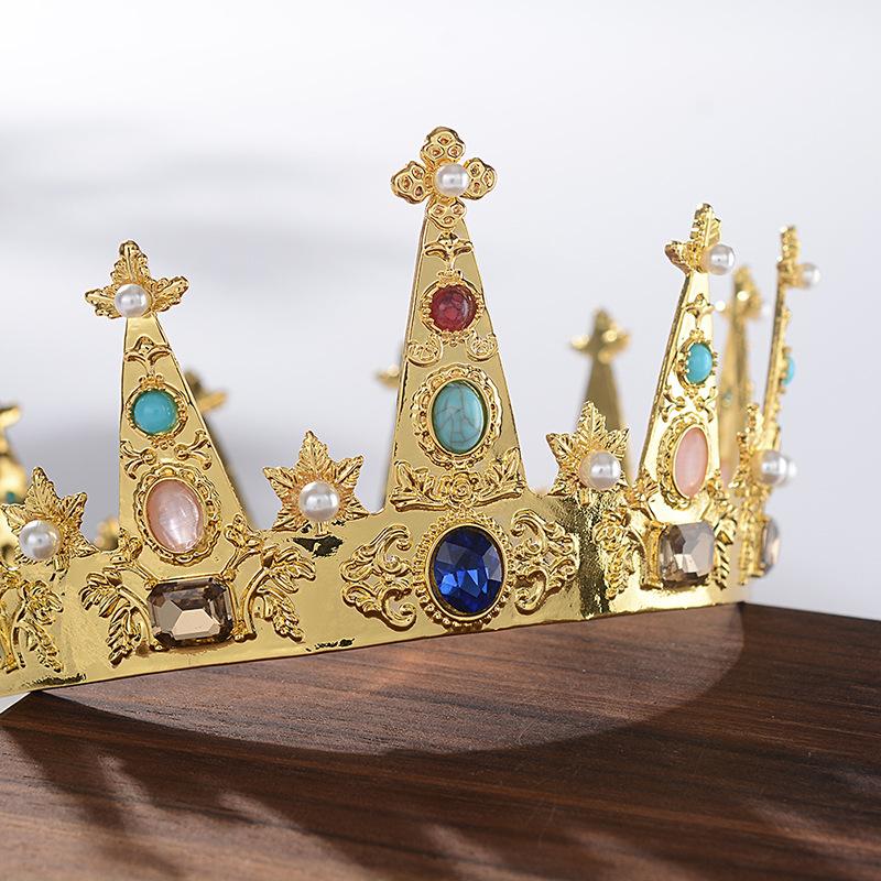 Baroque Vintage Royal King Crowns For Men Full Round Sliver Big Gold Tiaras And Crowns Prom Party Costume Hair Accessories Men